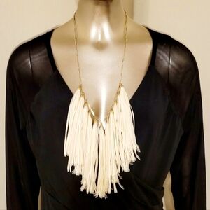 NWOT Boho Ivory Leather Fringe  Gold Statement Necklace